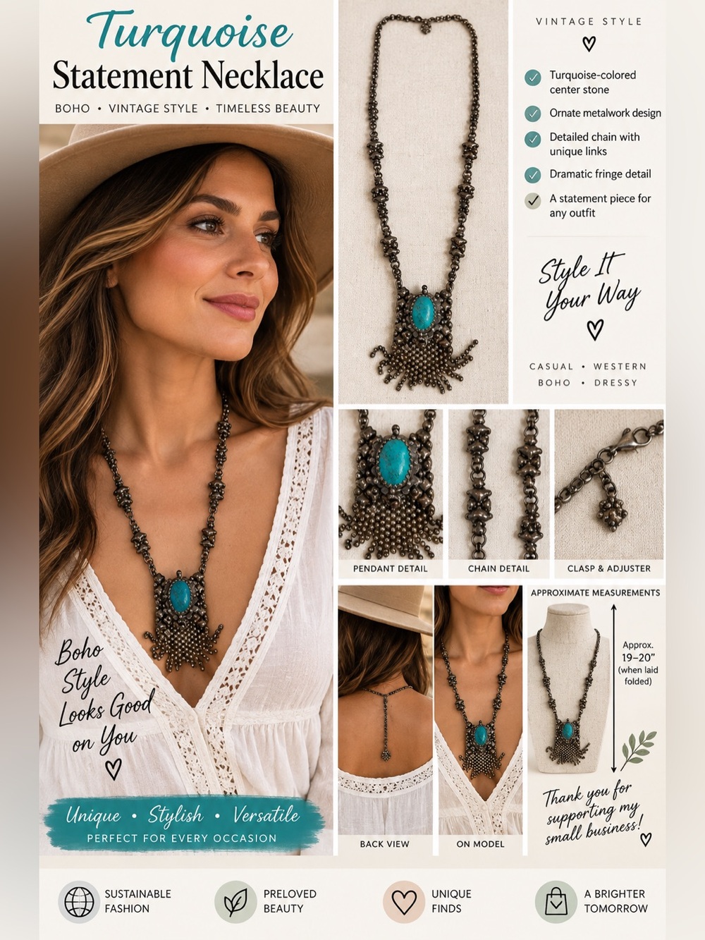 Vintage Style Turquoise Statement Necklace Silver Tone Ball Chain Fringe Boho